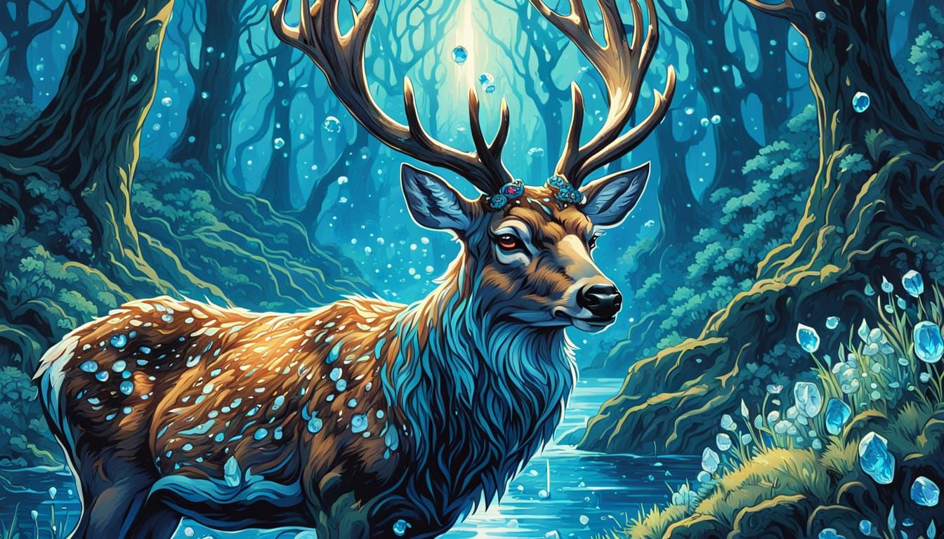 Sapphire Deer Beside Magical Spring: Comic Book Art