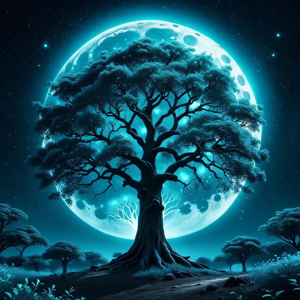 Majestic Cyan Tree of Life Under Moonlight