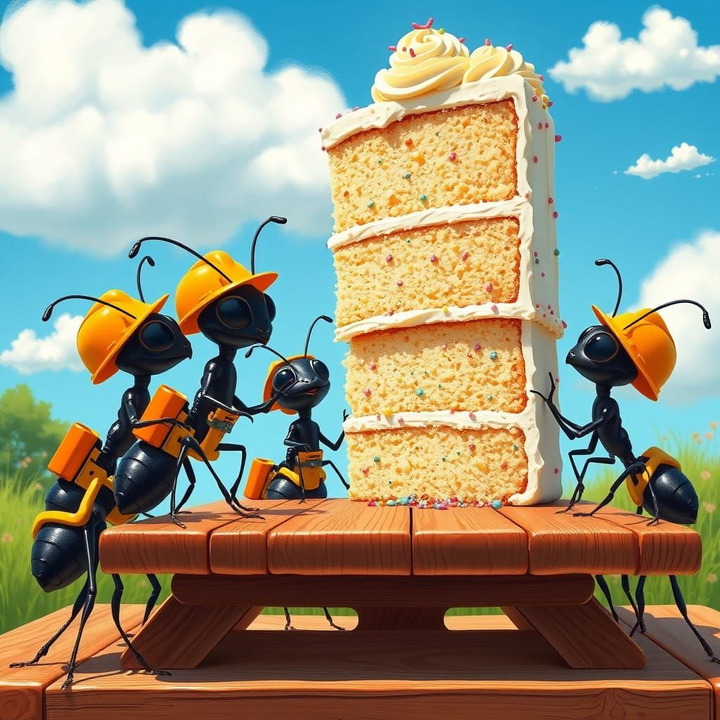 Whimsical Ants Admire a Towering Cake in a Sunny Outdoor Sce...