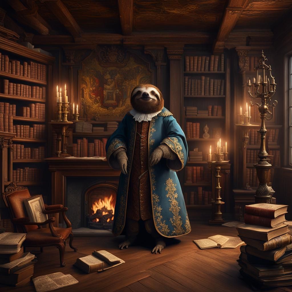 Sloth Paints Family Tree in Library, Detailed Digital Art