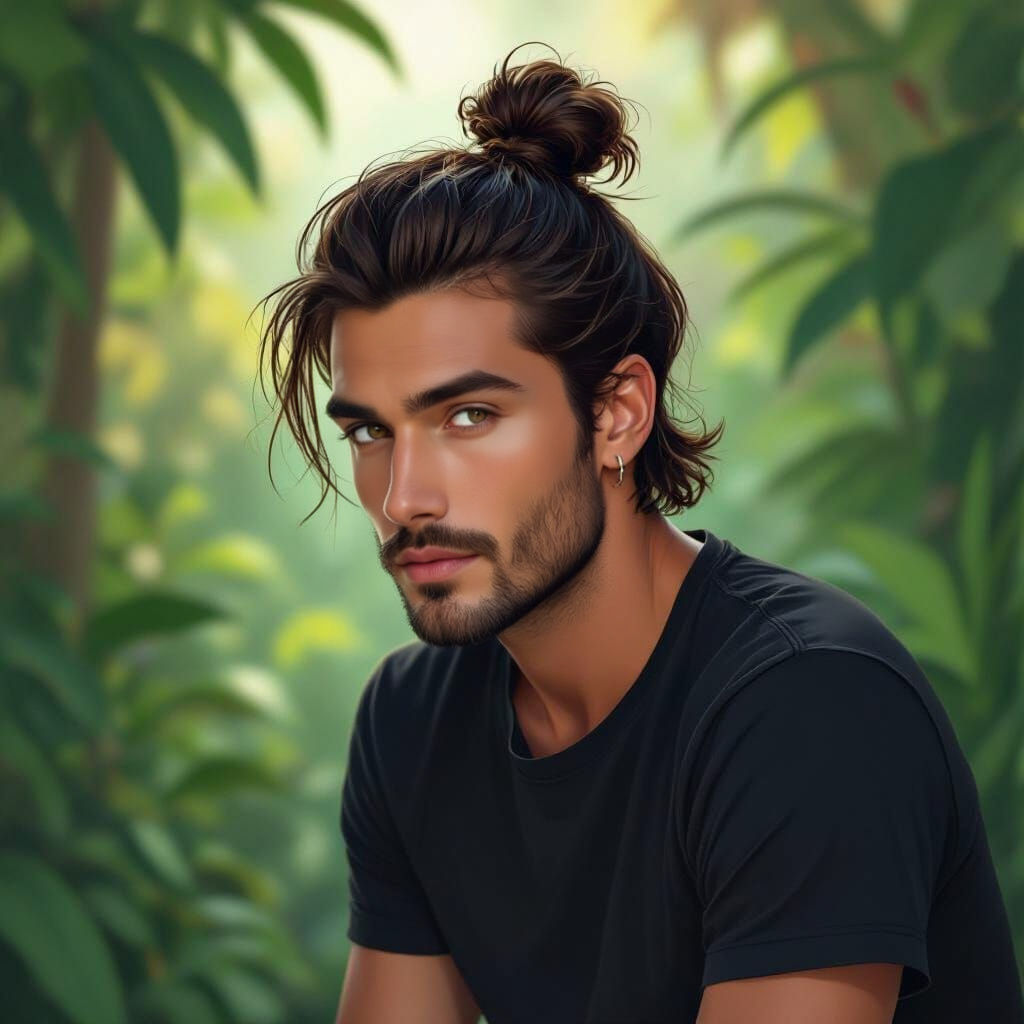 Contemplative Man with Top Knot in Serene Garden