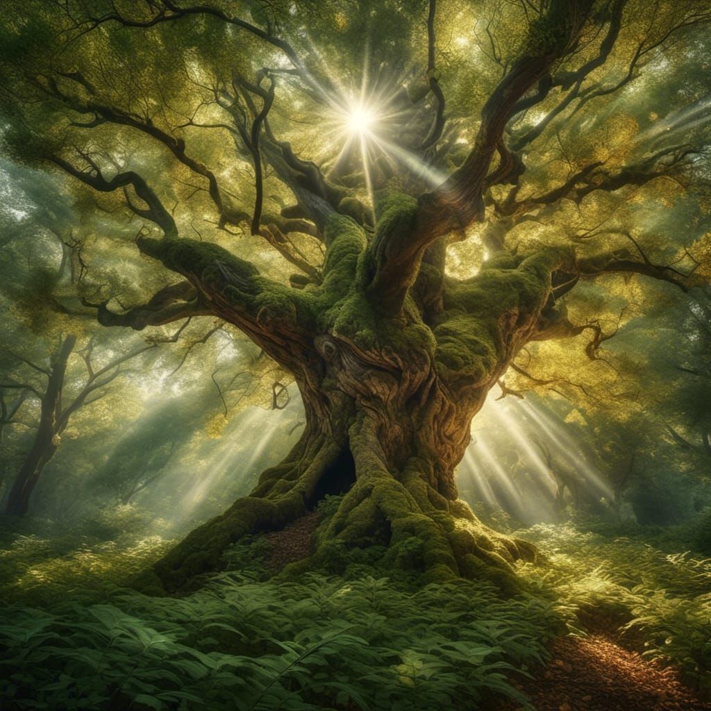 Hyperrealistic Smiling Tree in Sunny Forest