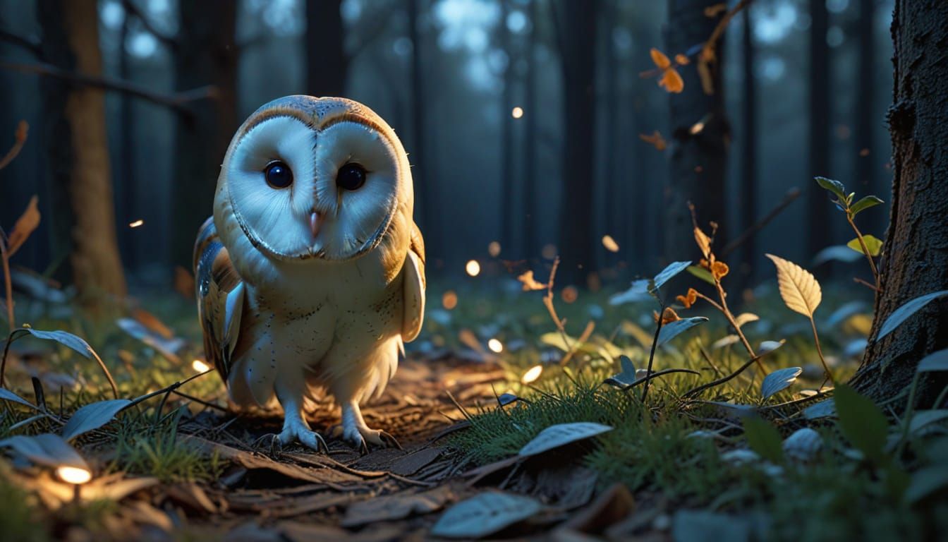 Barn Owl Hunts Mouse in Moonlit Forest: 3D Animation Style