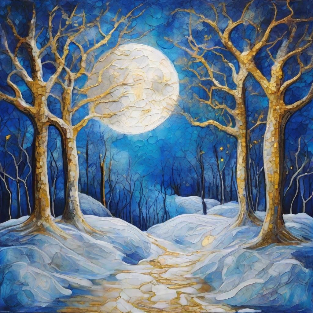 Impressionist Winter Forest Landscape with Vibrant Golden Li...