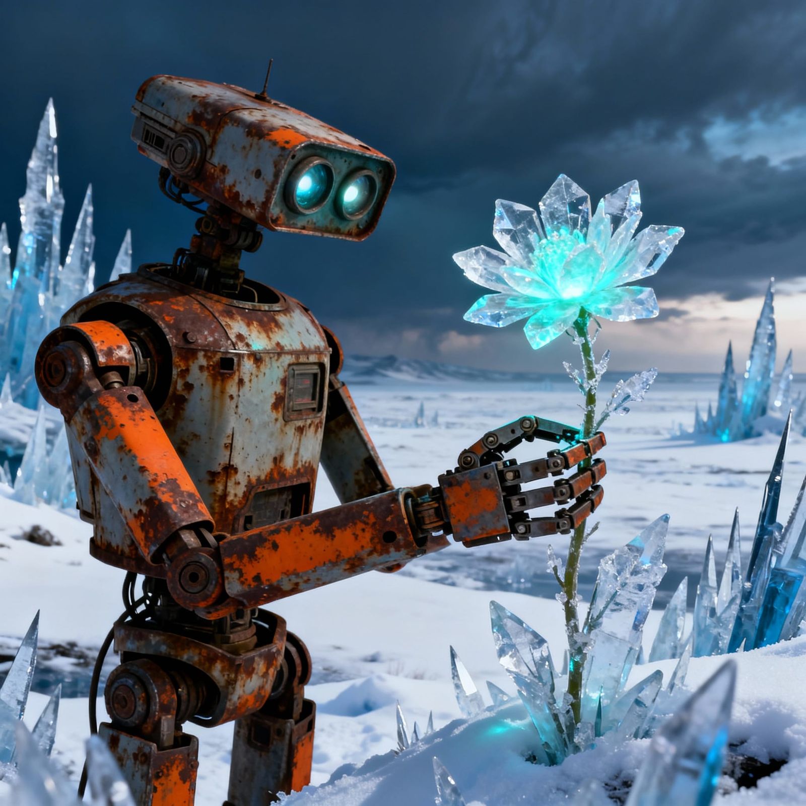 Retro Robot Discovers Glowing Flower in Frozen Tundra