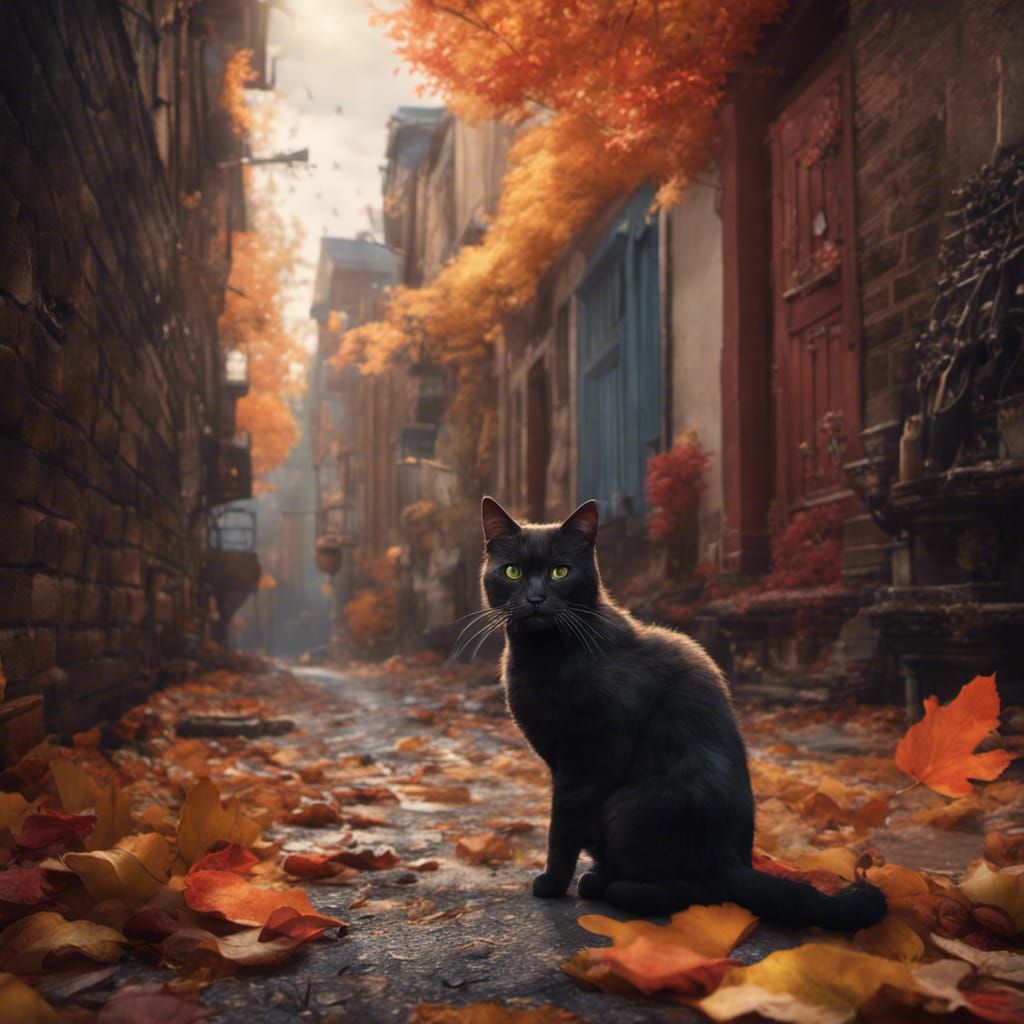 Cat in Autumn Alley: Detailed Matte Painting