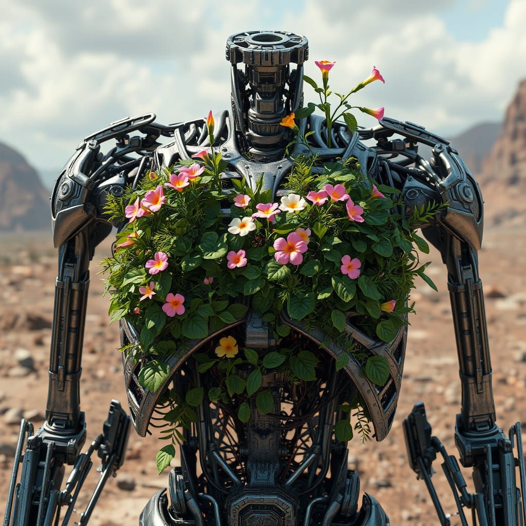 Lush Garden Overgrows Deactivated Terminator Robot