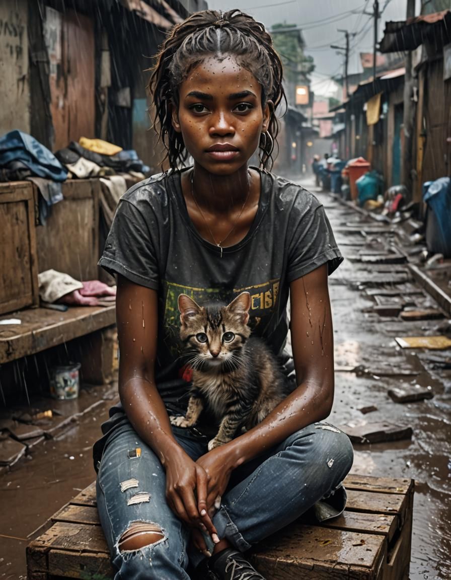 Young Woman Sheltering Kitten in Stormy Favela