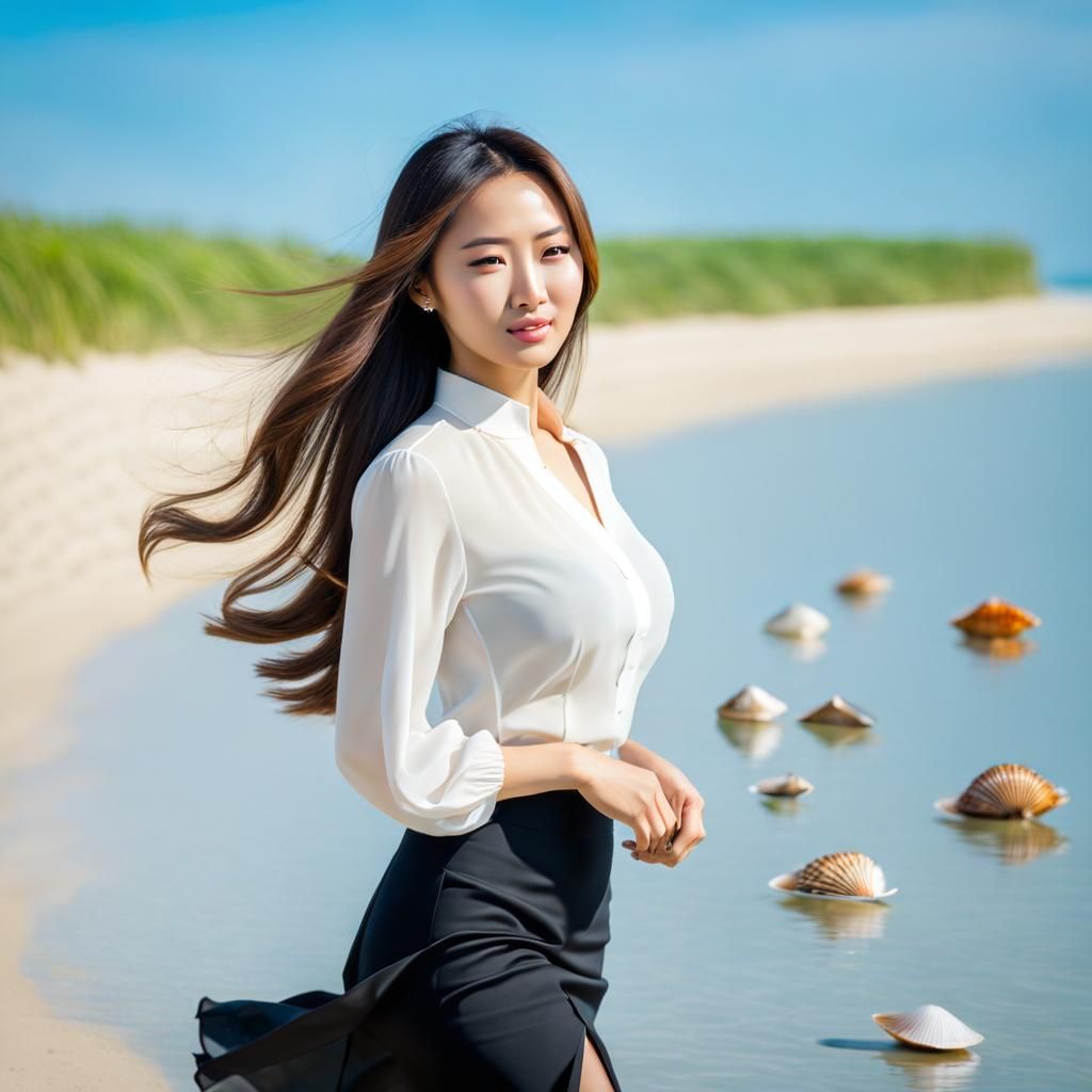 East Asian Beauty on a Sunny Shoreline