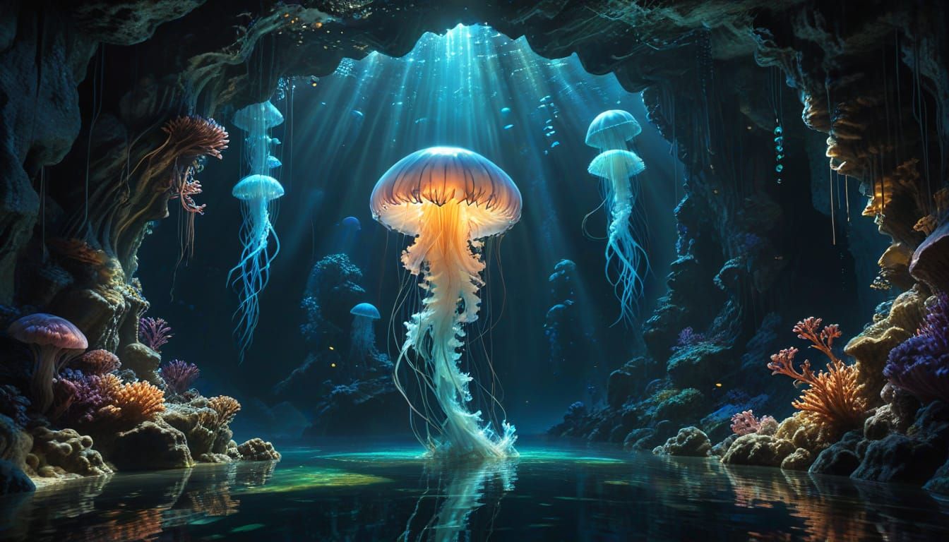 Bioluminescent Coral Grotto with Immortal Jellyfish