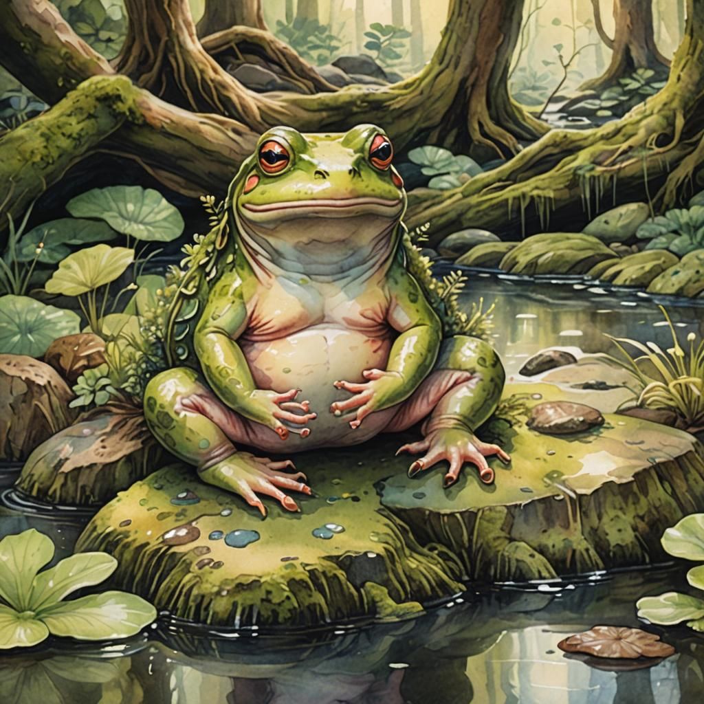 Watercolor Toad in Forest Pond, Whimsical Illustration