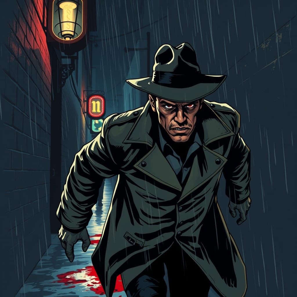 a detective runs after a criminal along a dark narrow street,