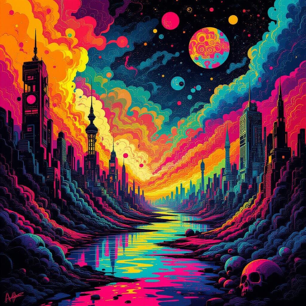 Psychedelic Cityscape in Experimental Digital Art Style