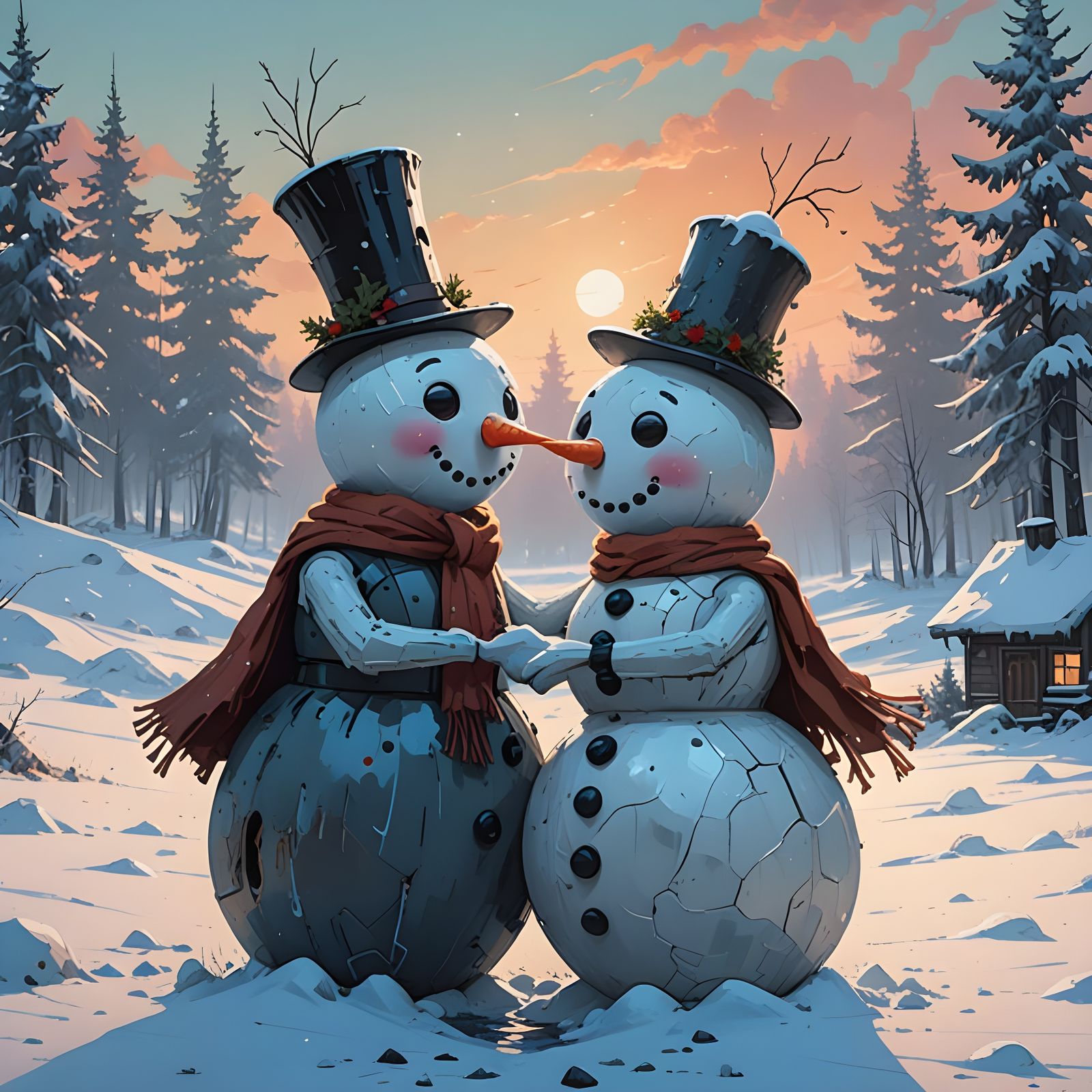 Romantic Snowman Embrace in Vibrant Winter Wonderland