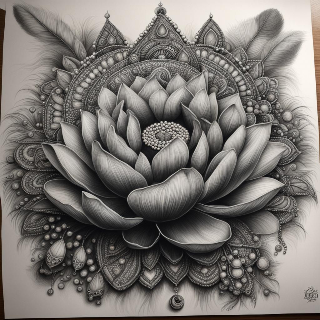 Detailed Charcoal Drawing of Lotus, Feather, and Beads