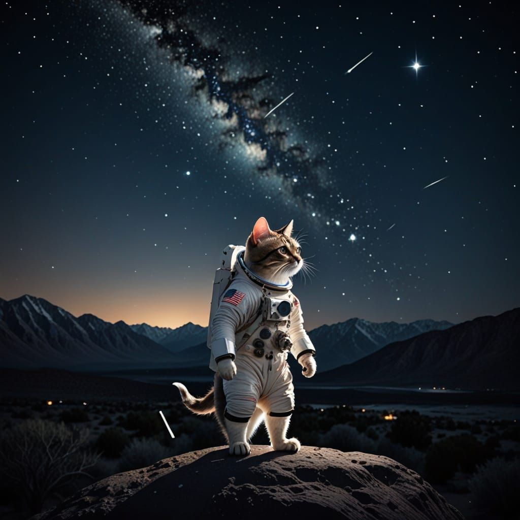 astronaut cat looking into night sky, viewing a star constellation in the shape of a mouse
