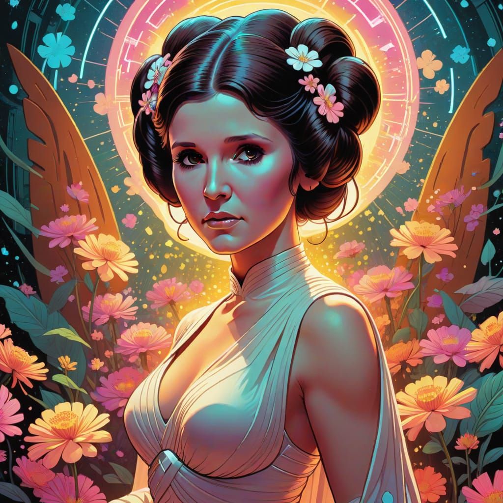 Princess Leia in Vibrant Glowing Floral Comic Art