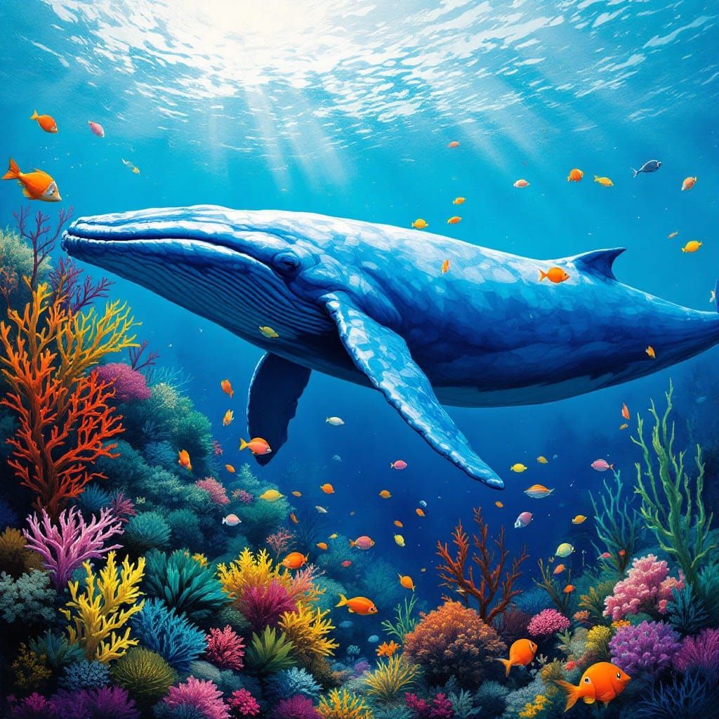 A Majestic Blue Whale Amidst Vibrant Coral Reef