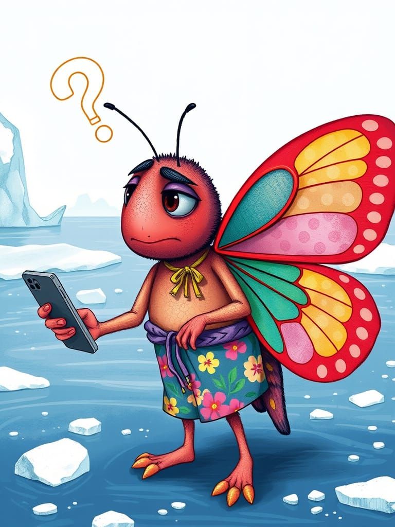 Confused Butterfly in Antarctica, Illustrated Style