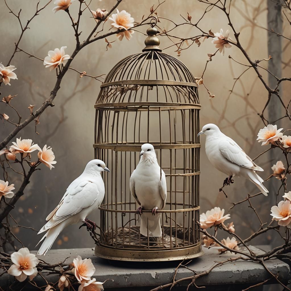 Doves in Cage with Flowers, Fine Art Photography