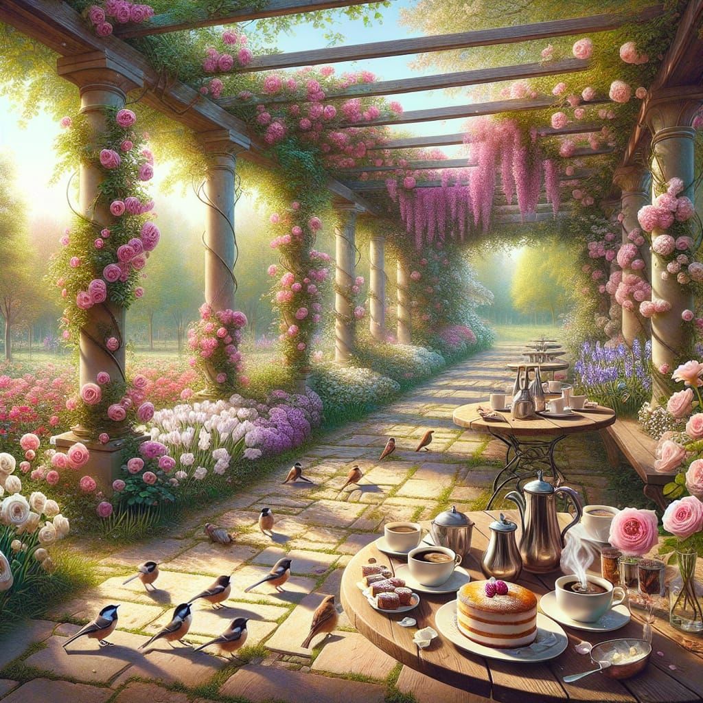 Spring Garden Cafe Panorama in Morning Sunlight