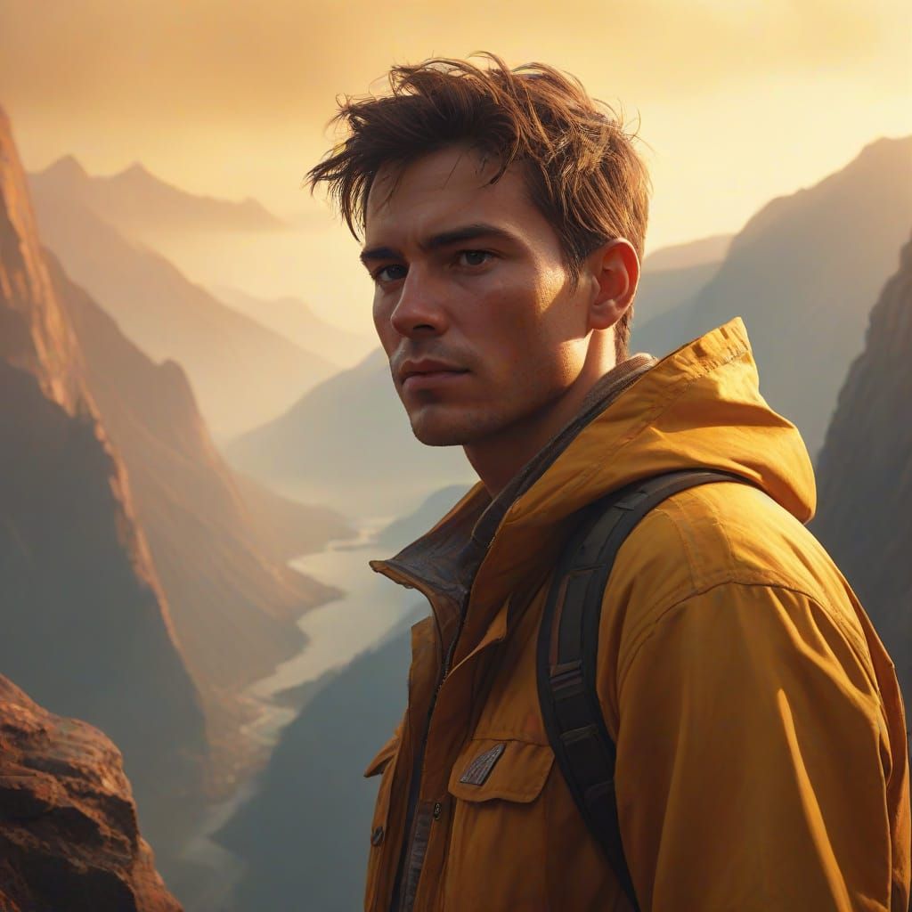 Golden-Lit Hero Stands at Cliff's Edge, Majestic Mountains i...