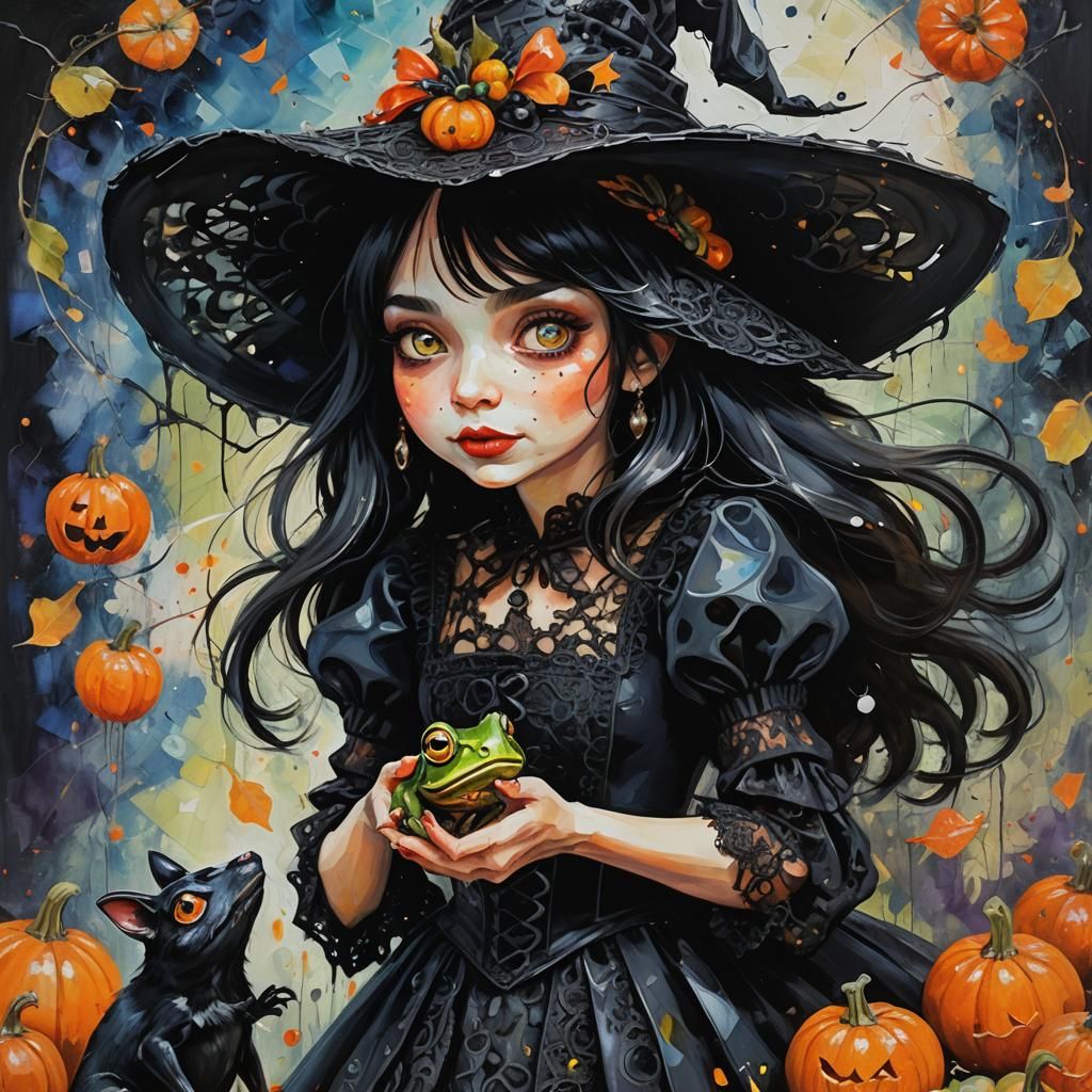 Joyful Witch Kissing Frog as Action Painting