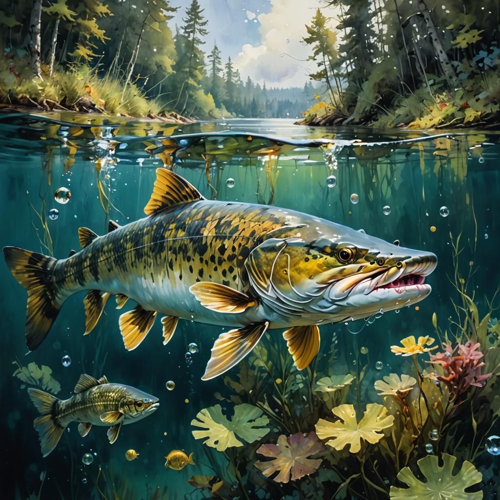 Muskie in Northwoods Lake: Detailed Watercolor Painting