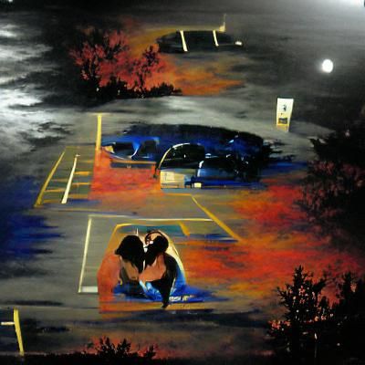 Romantic Couple Kissing in Parking Lot: Acrylic Art