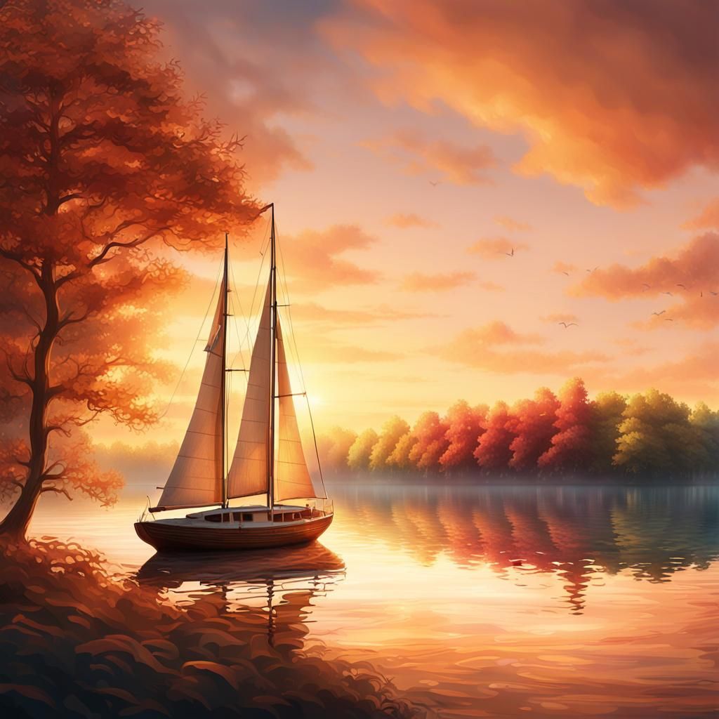Serene Sailboat at Sunset: Matte Painting