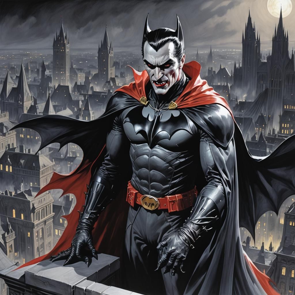 Batman Dracula Close-Up Portrait in Gotham, Digital Painting