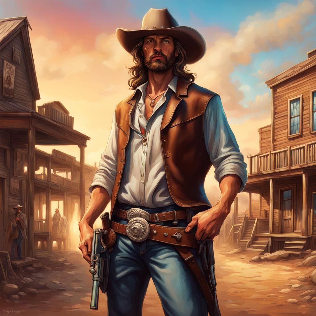Cowboy Christ with Revolver in Frontier Town