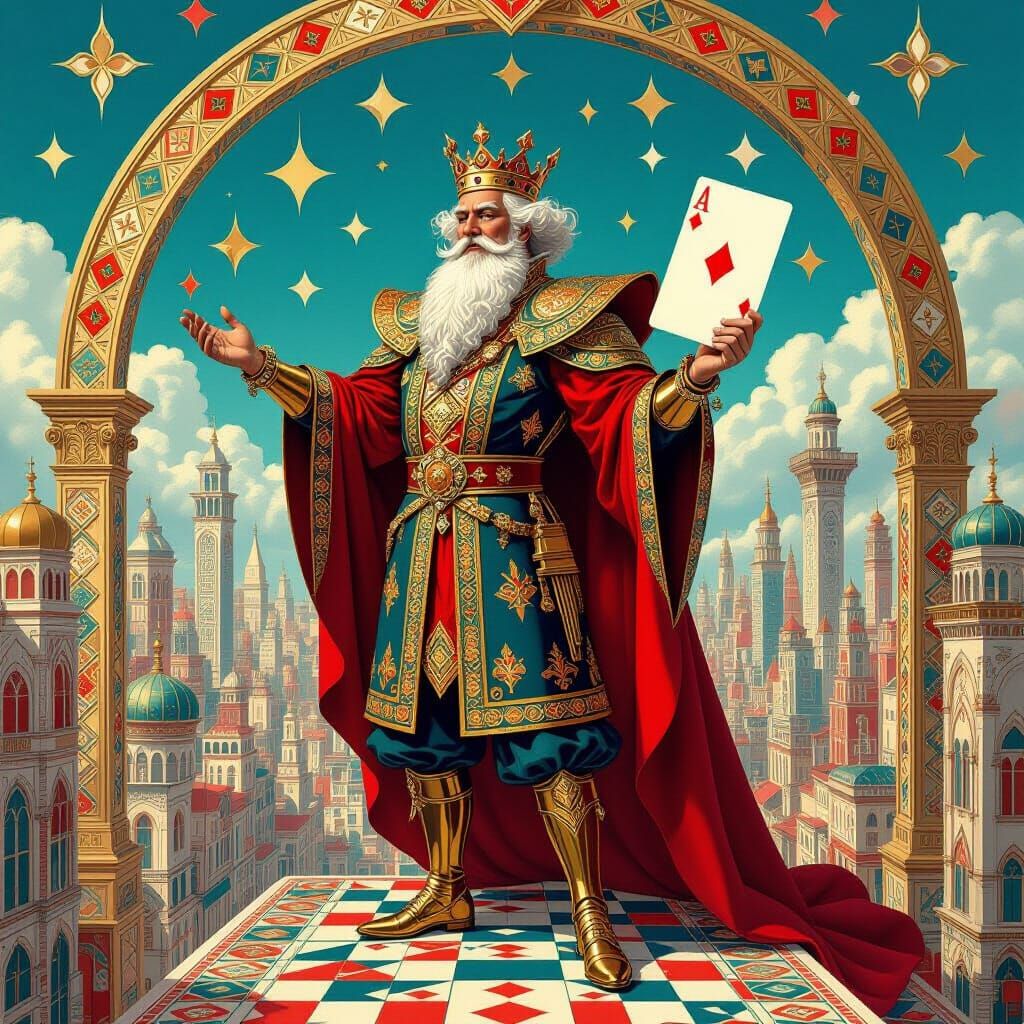 King of Diamonds as Eccentric Architect in Surreal Cityscape