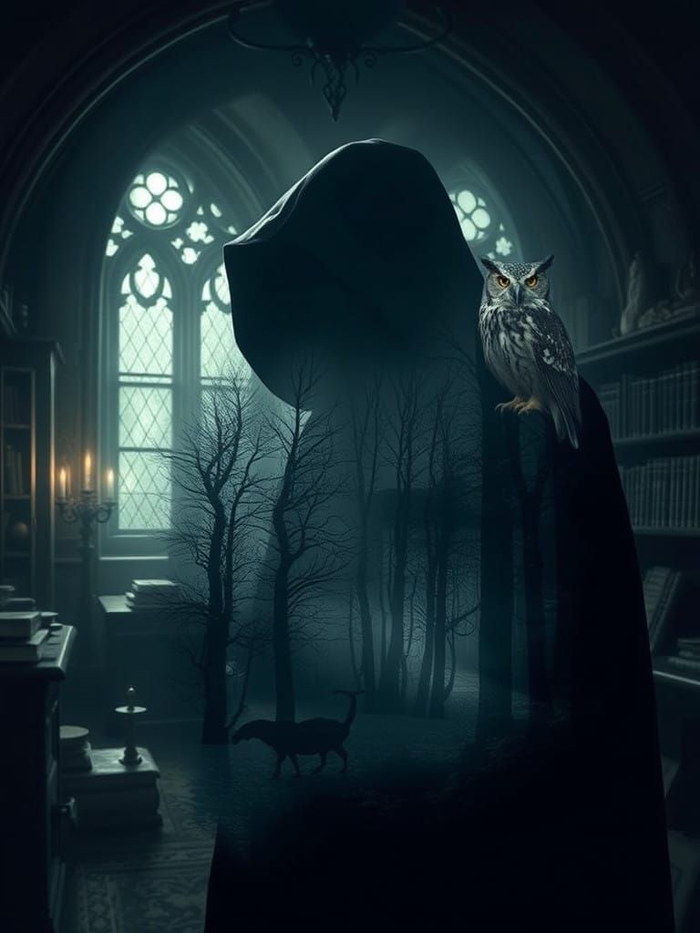 Ominous Figure Surrounded by Ancient Tomes and Mystery, in a...