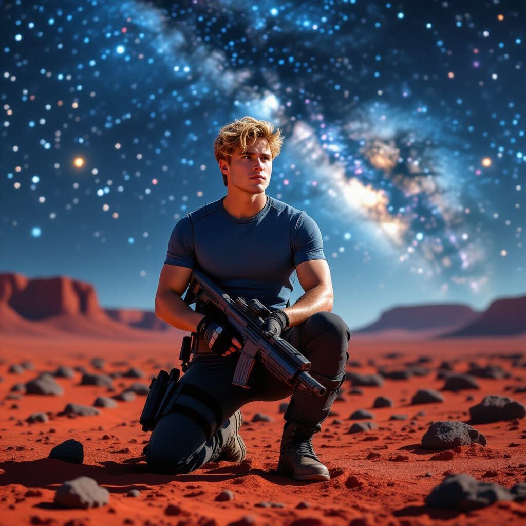 Sci-Fi Explorer Kneels on Barren Planet Under Cosmic Sky
