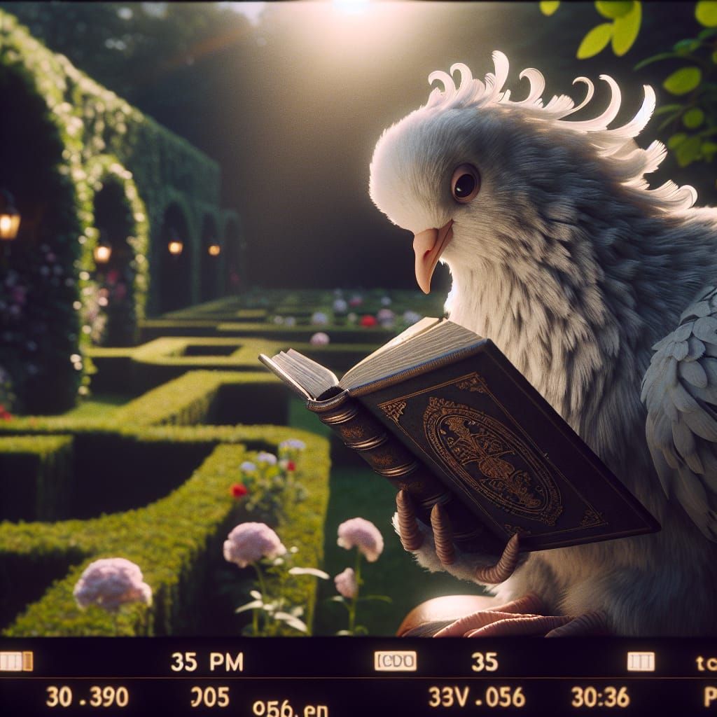 Dove Reads in European Garden: Cinematic Still