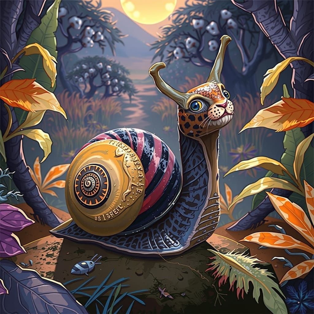 Whimsical Cheetah Snail in Dreamlike Savannah Landscape