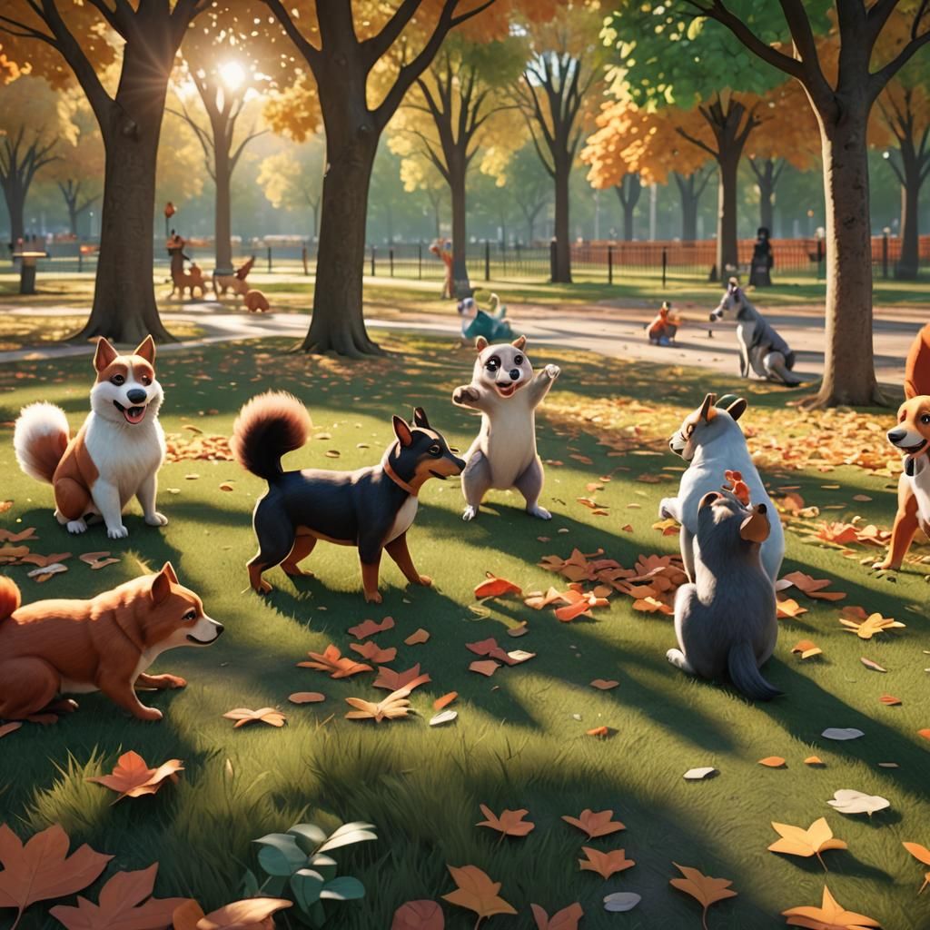 Dogs Playing in Park: Vibrant 3D Illustration
