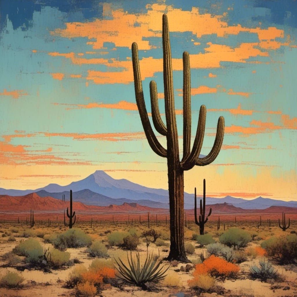 Sonoran Sunset: Saguaro Cactus in Desert Landscape