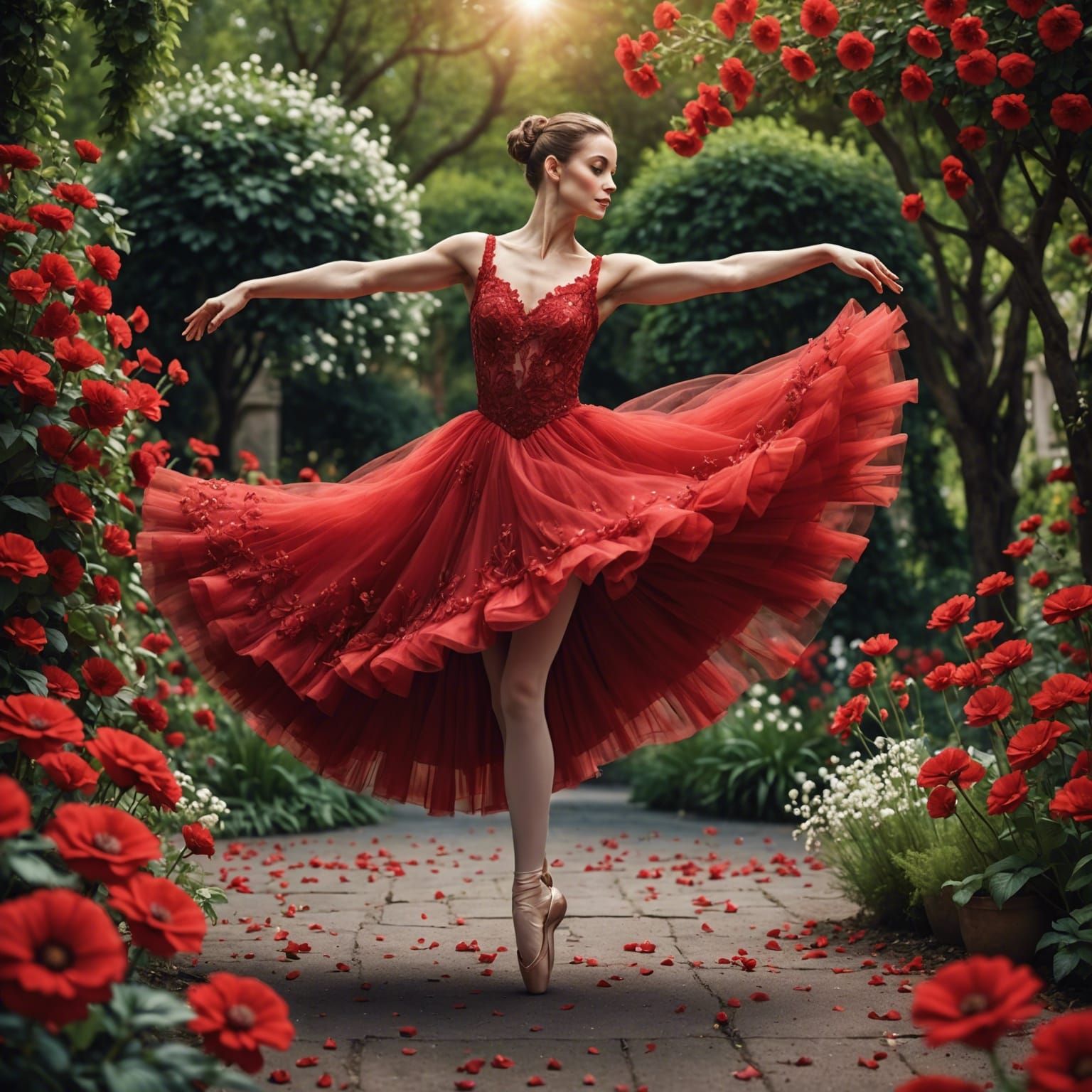 Ballerina in Red Dress Dancing in Flower Garden