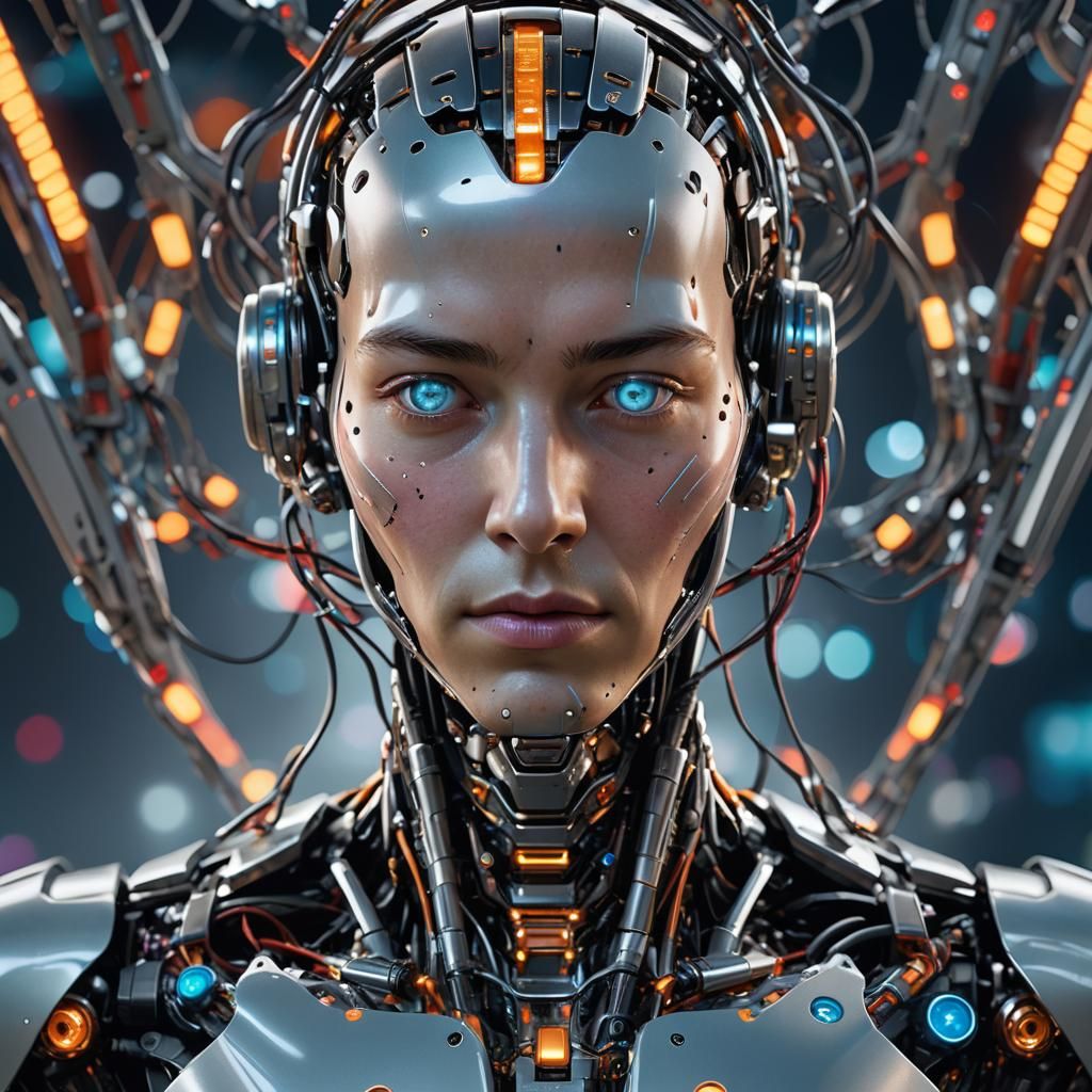 Futuristic Robot Portrait with Sleek Design and LED Lights