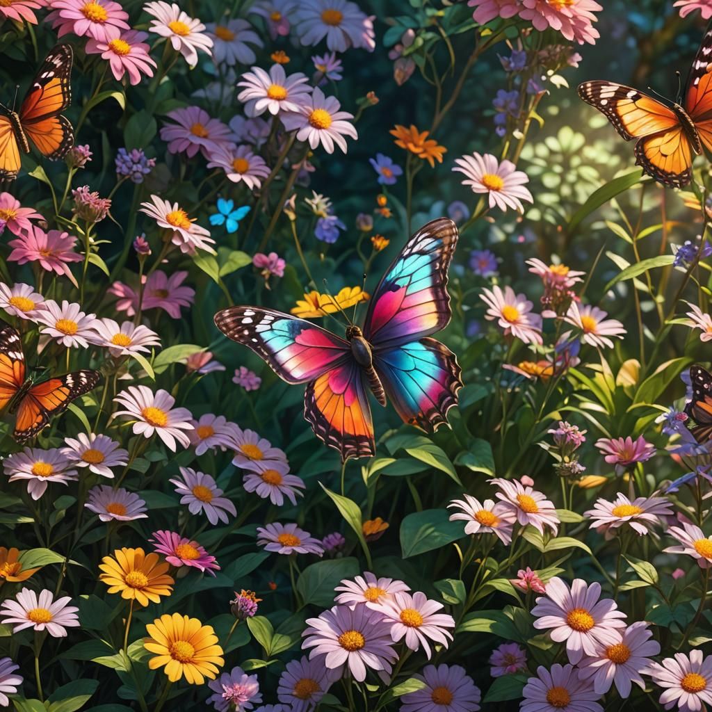 Iridescent Butterfly on Flower in Lush Garden