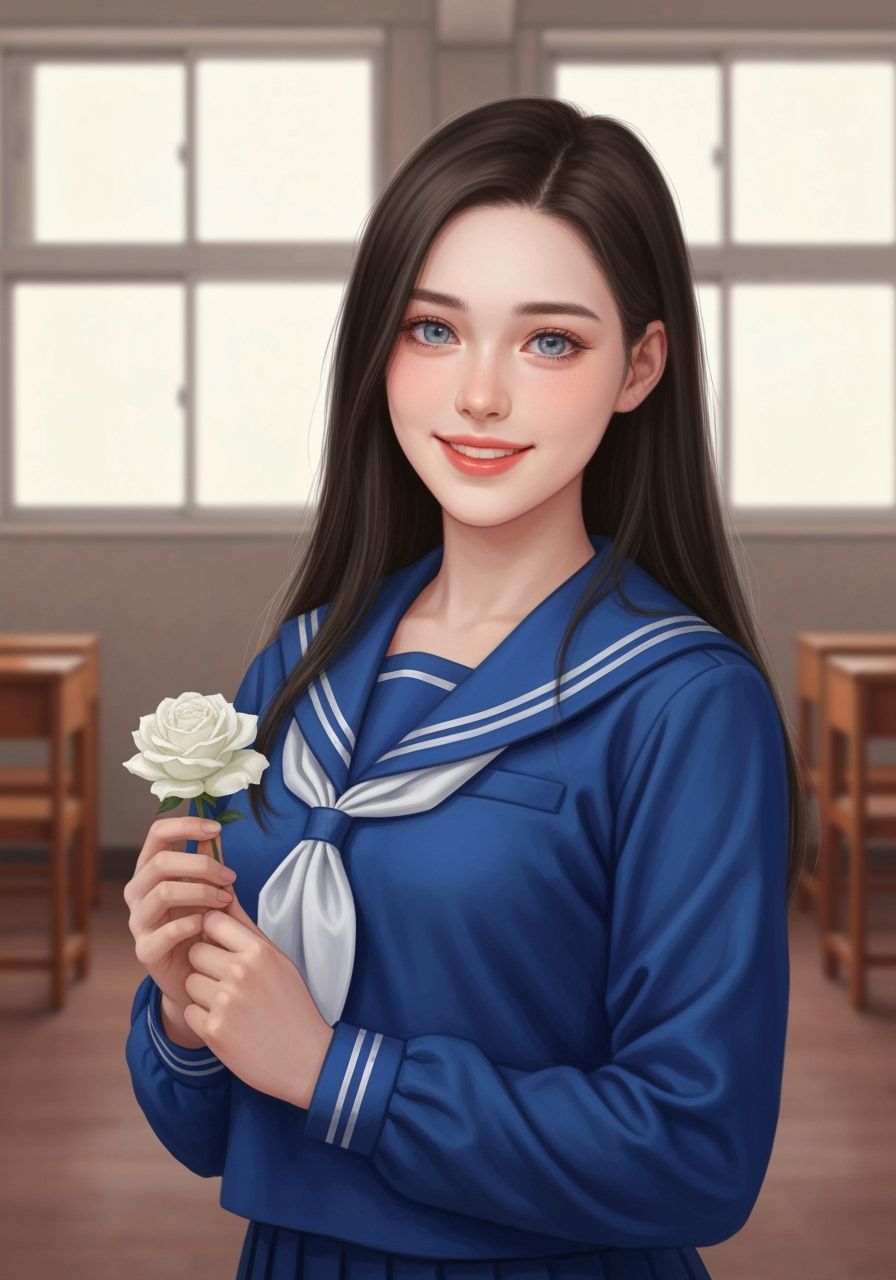 Japanese Schoolgirl Holding White Rose, Oil Painting