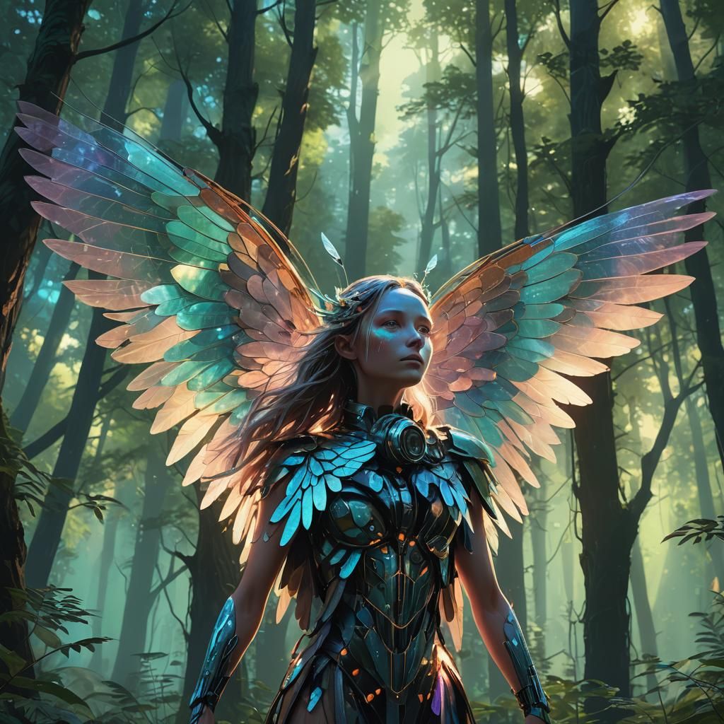 Ethereal Winged Being in Dreamlike Forest: Digital Art