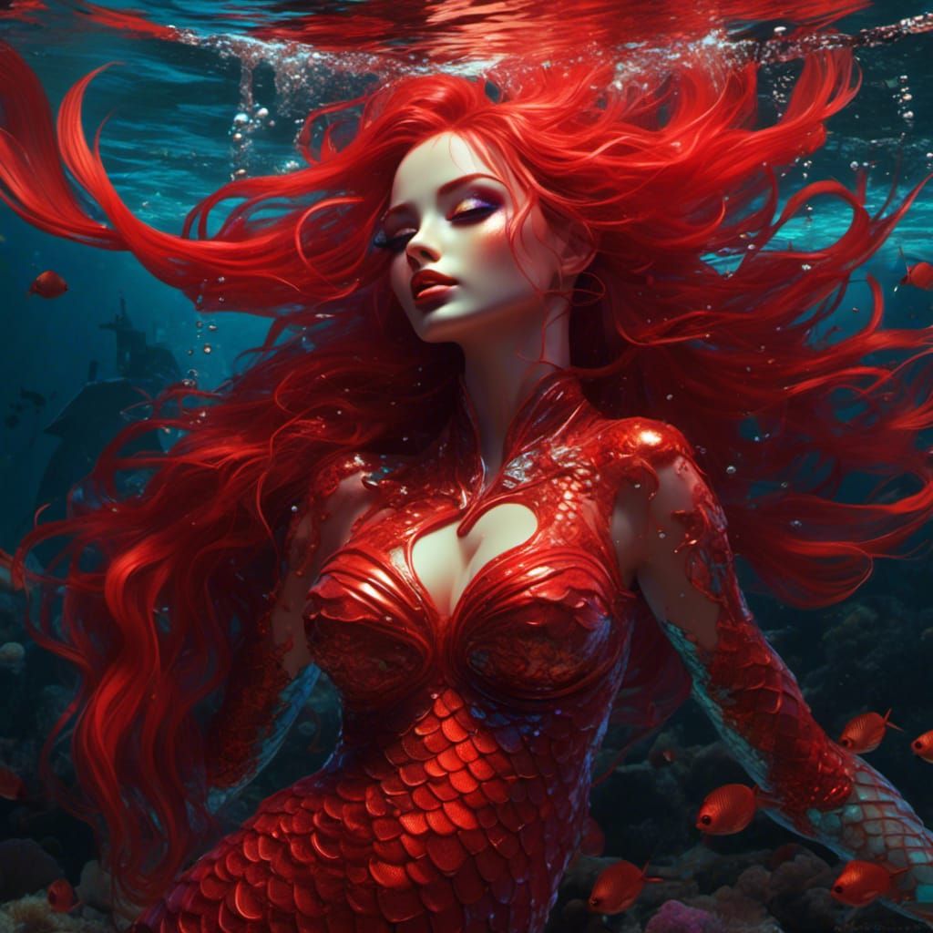Red Mermaid in Post-Apocalyptic Neon Fauvism