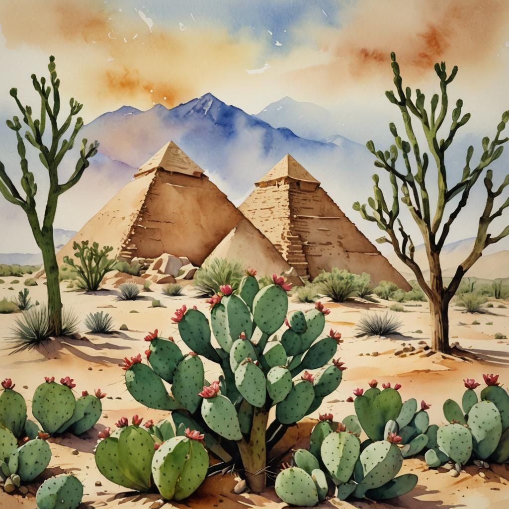Pyramid in Sandstorm with Prickly Pear, Watercolor