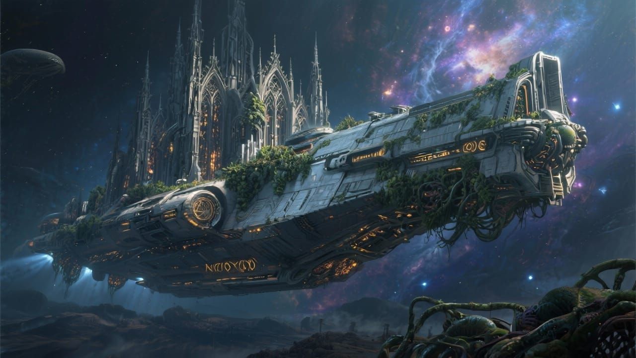 Ancient Gothic Spaceship in Galactic Nebula