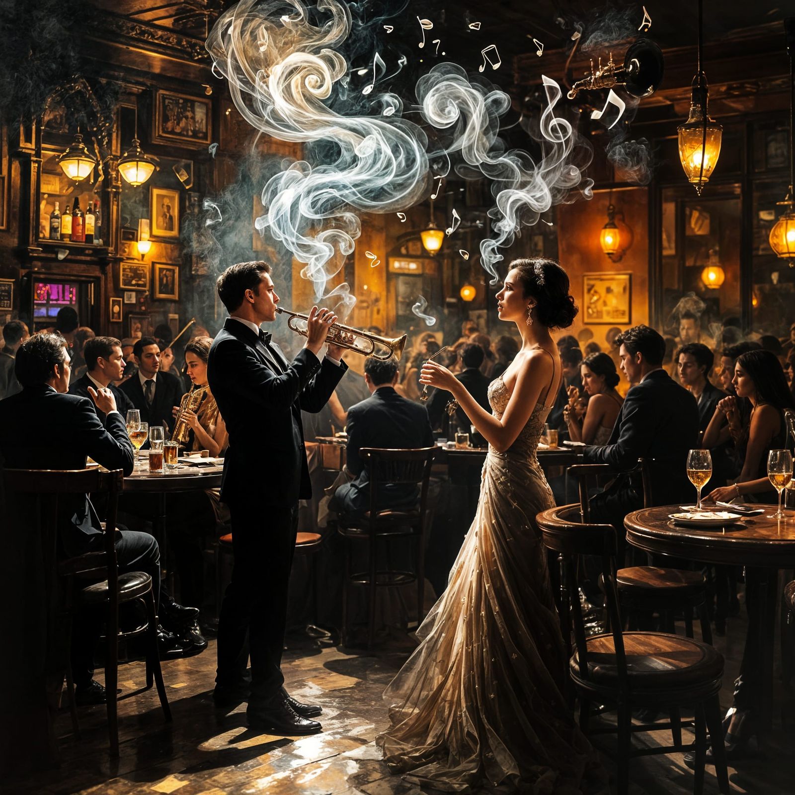 Trumpet Player and Singer in Smoky Pub, Expressionistic Styl...