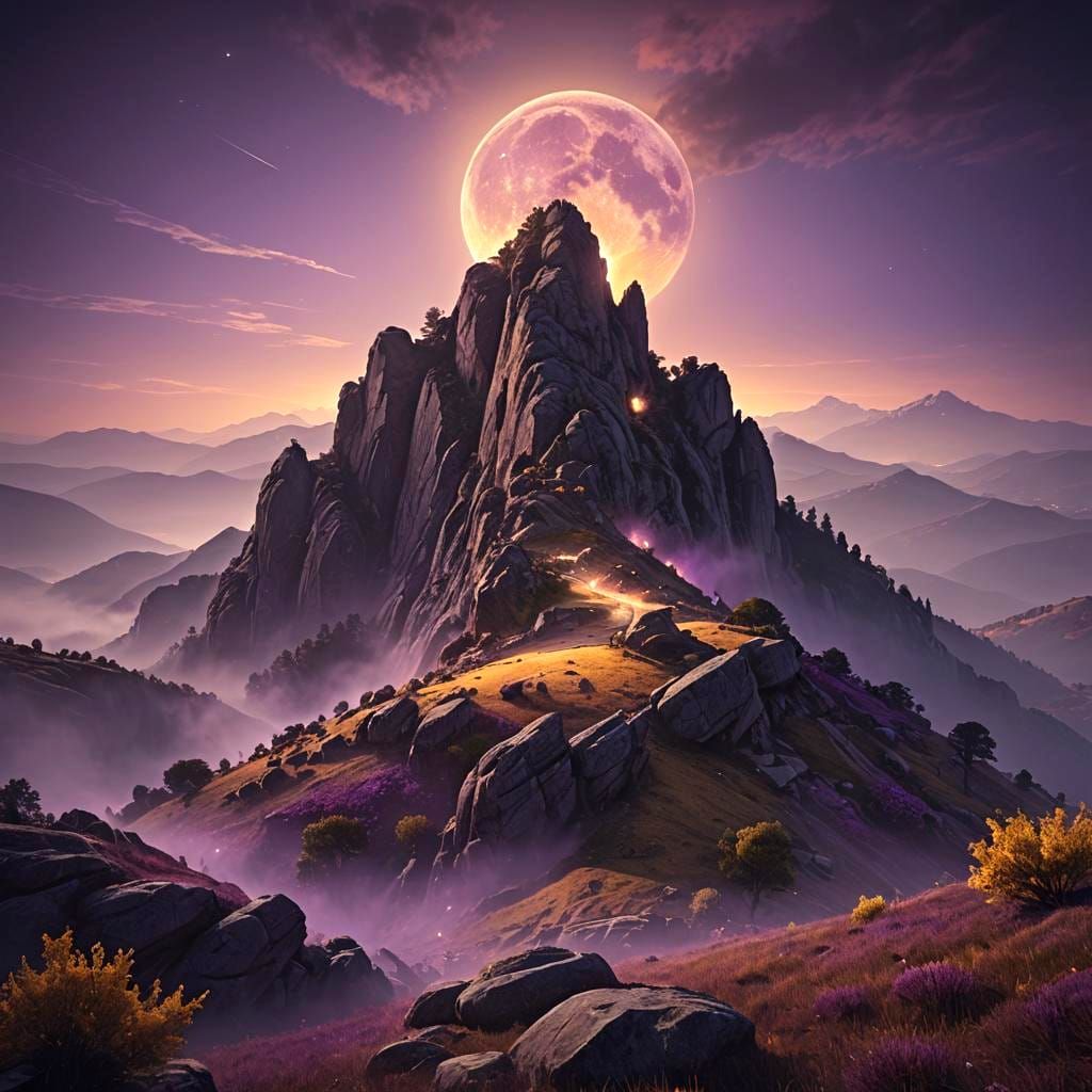 Misty moonlit mountain peak in ancient Thessaly. Low-angle s...