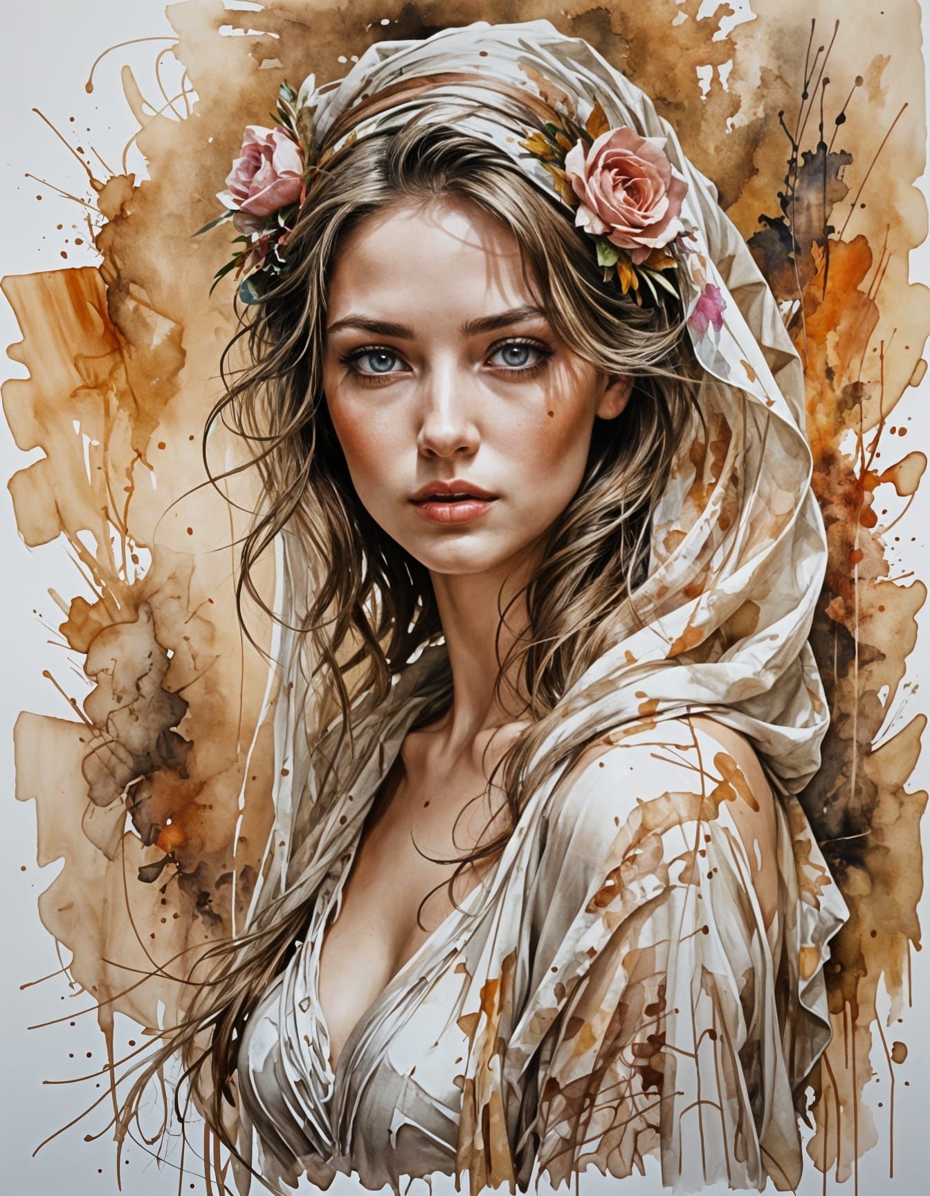 Graceful Woman in Silk Veil: Oil Painting Style